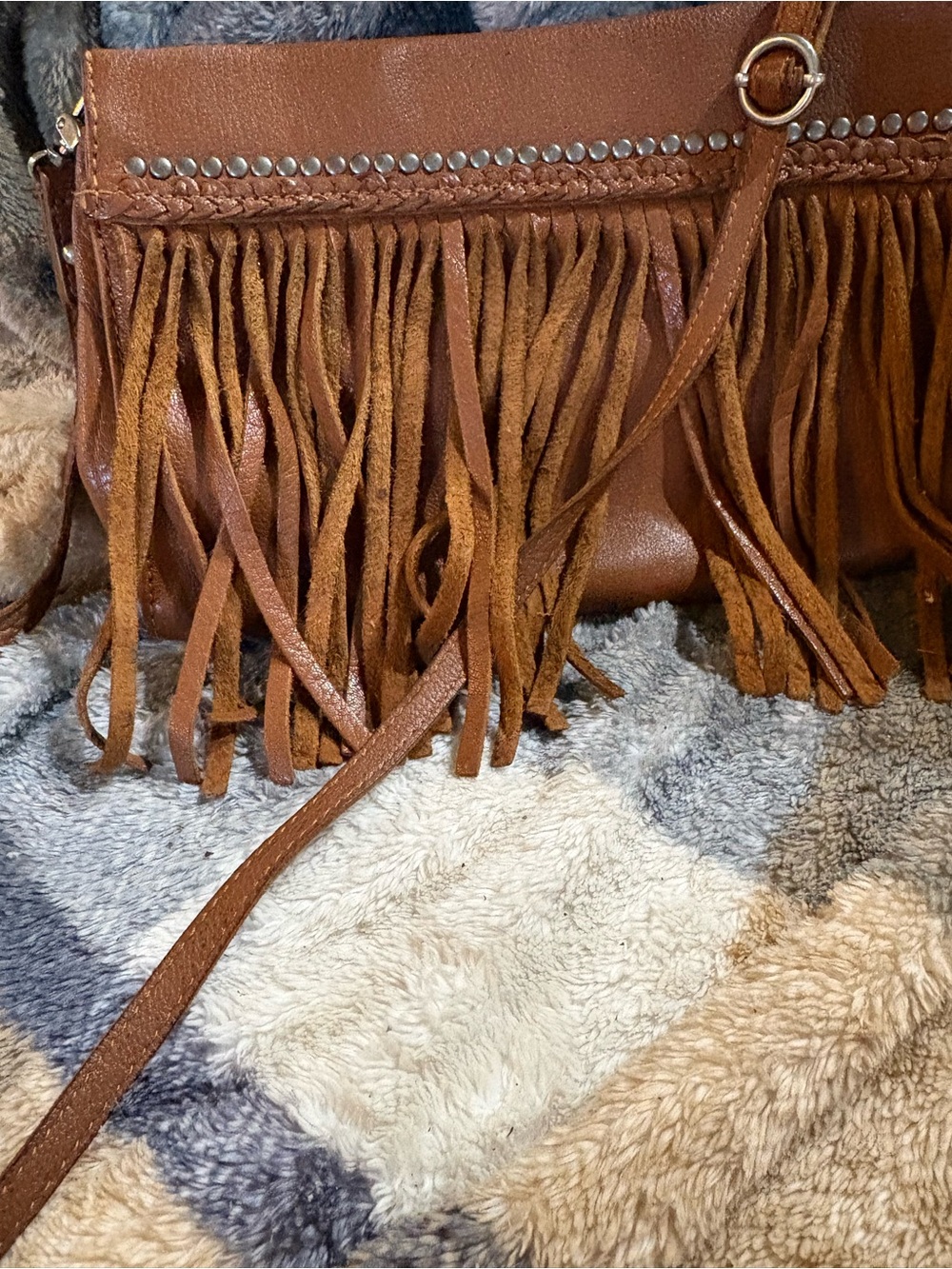 The Sak Brown Fringed Crossbody with Stud Trim